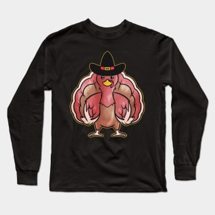 Kawaii Comic Turkey with Pilgrims Hat on Thanksgiving Long Sleeve T-Shirt